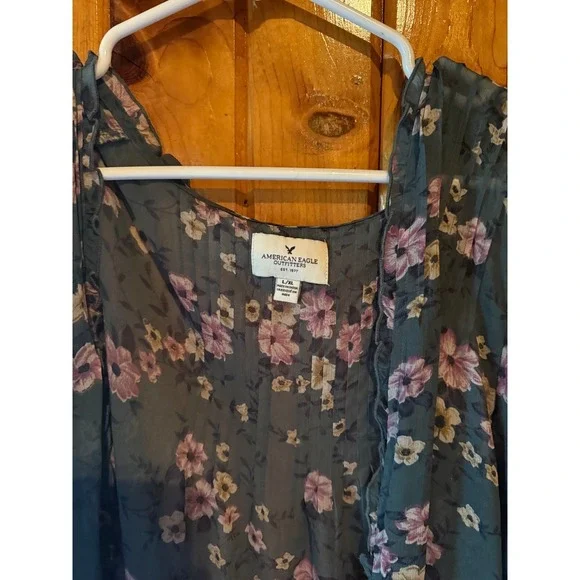 American Eagle Outfitters Kimono Green Floral Ruffle Trim cover Size L/XL - Picture 4 of 4
